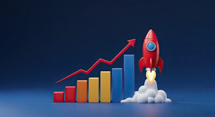 A 3D rendering of a rocket launching with a growth chart, symbolizing business success and progress.