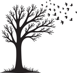 Fototapeta premium Black silhouette of bare tree with flock of birds flying away