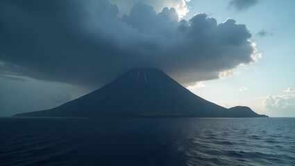 Island with Active Volcano: Dark Volcanic Clouds Over Ocean Landscape - Capturing Nature's Power in Photo Stock Concept with Empty Space for Text
