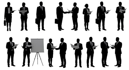 Silhouetted figures of business professionals in various poses, holding documents and briefcases.
