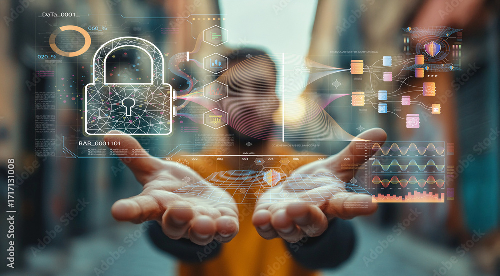 Poster hands reaching forward with digital interface illustrating data security, privacy, and technology in