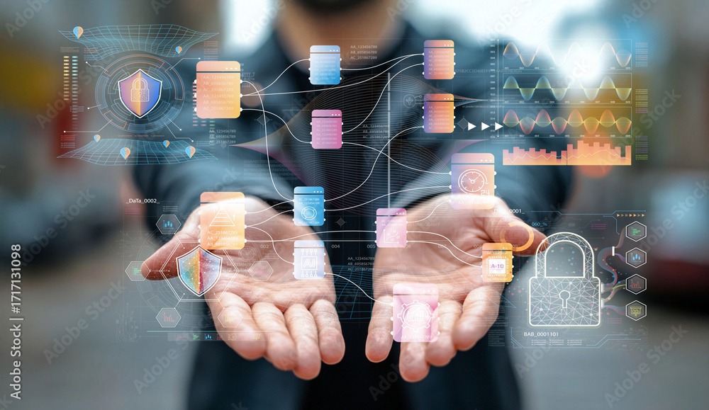 Poster hands open to visual representation of data security, protection, analysis, and technology concept i