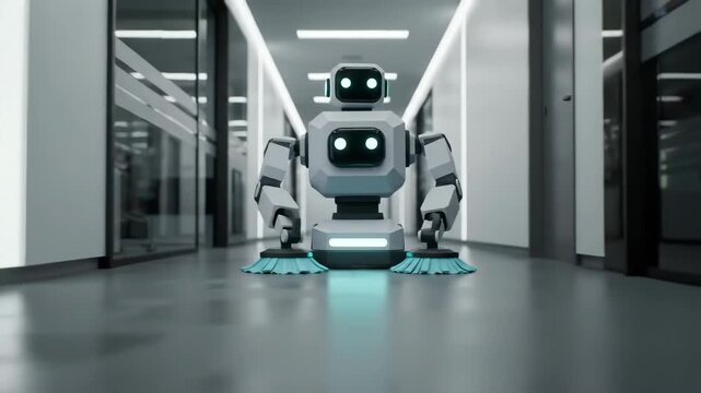 A cleaning robot with brushes moving down a hallway with bright overhead lighting and white walls
