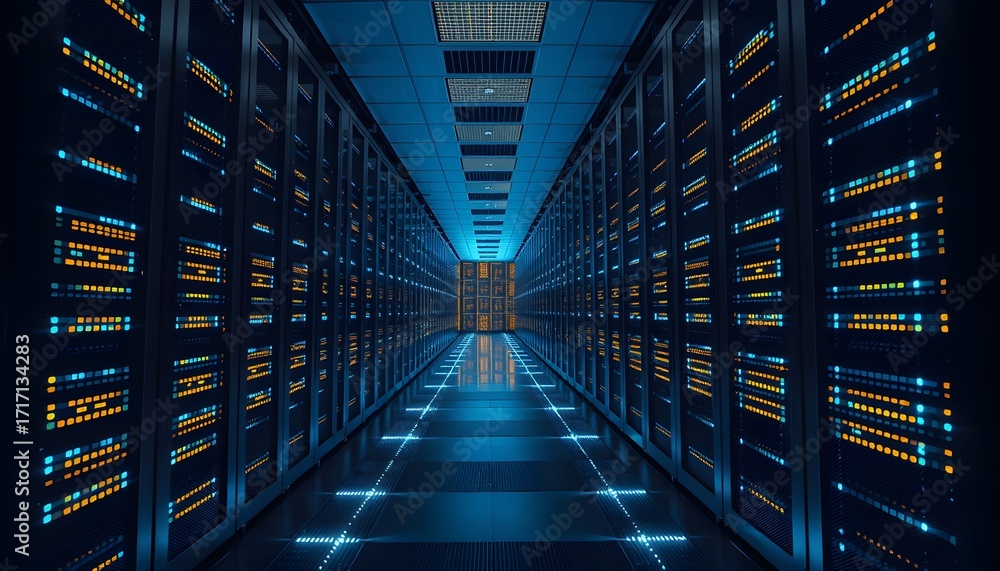 Poster a futuristic data center with rows of glowing servers and blue lighting, creating a sense of advance