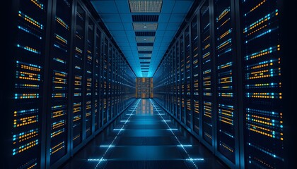 A futuristic data center with rows of glowing servers and blue lighting, creating a sense of advanced technology and immense computing power.