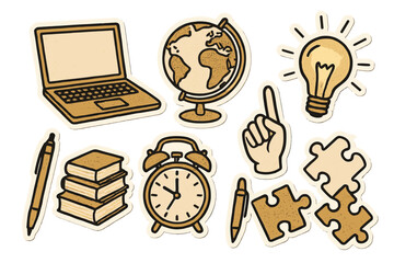 Retro school paper stickers set with laptop globe lightbulb books alarm clock hand pen puzzle pieces vintage halftone collage elements education technology learning vector design