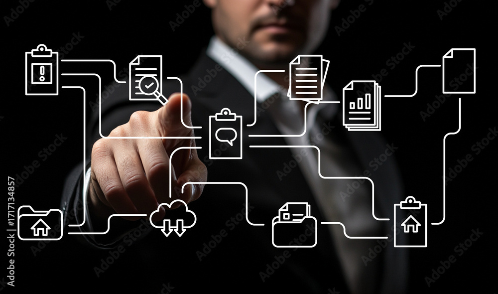 Poster businessman interacting with digital icons representing data management, communication, and project 