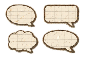 Vintage speech bubbles collection with crumpled paper texture and math notebook lines, dialogue shapes with halftone effect and dotted gritty cut out design, set of four