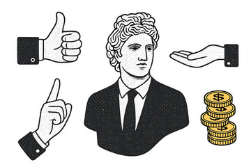 Set of trendy paper cut-out elements with halftone collage style, concept of successful business, various hand gestures, ancient statue bust with businessman vibe, gold coin stack stickers