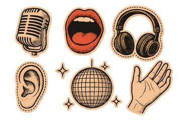 Vintage music collage paper sticker set with retro microphone, singing mouth, headphones, disco mirror ball, ear and open hand, dotted mixed media style vector design