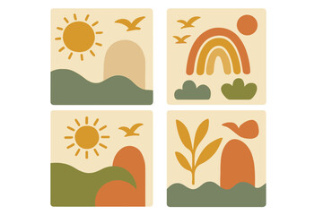Vintage summer cards set with abstract nature elements, organic geometric shapes, naive art forms, hand drawn sun, birds, rainbow, leaves, flat simple design, poster collection