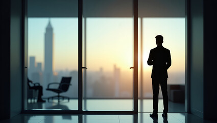 Artistic Depiction of Career Aspirations: Employee Silhouette Gazing into Executive Suite - Symbolizing Professional Advancement in Stock Photo Concept