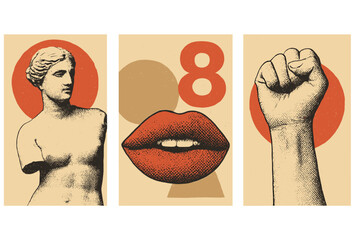 International Women's Day posters set. March 8th concept in retro collage style. Antique Greek statue, lips, raised fist. Feminism, female empowerment, girl power protest.