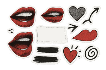 Set of halftone sticker collage elements. Red lips, hearts, torn paper note, and graffiti doodle strokes for Valentine's day. Trendy punk rock magazine scrapbook style.