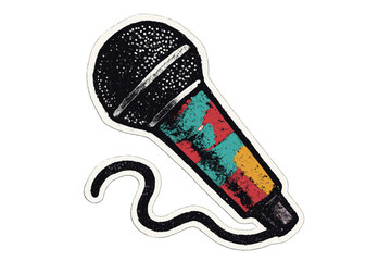 Karaoke microphone in grunge pop art style. Vector illustration of a halftone paper sticker collage. Zine culture aesthetic for musician performance, punk rock or podcast.