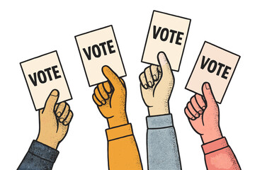 Voting concept with diverse hands holding vote ballots in trendy halftone collage style, dotted vector cutouts, 2026 presidential election theme, democracy and participation illustration