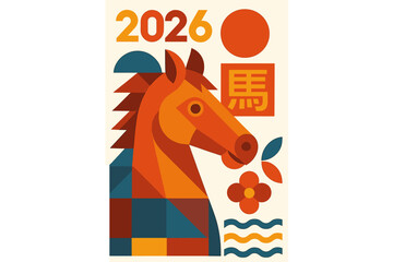 Chinese New Year 2026 greeting card for the Year of the Horse. Geometric mosaic poster template with Chinese zodiac animal. Flat modern vector with horse character.