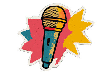 Karaoke microphone in grunge pop art collage style. Halftone mike paper sticker for musician performance or podcast. Retro punk rock music concept for singing and stand up comedy.