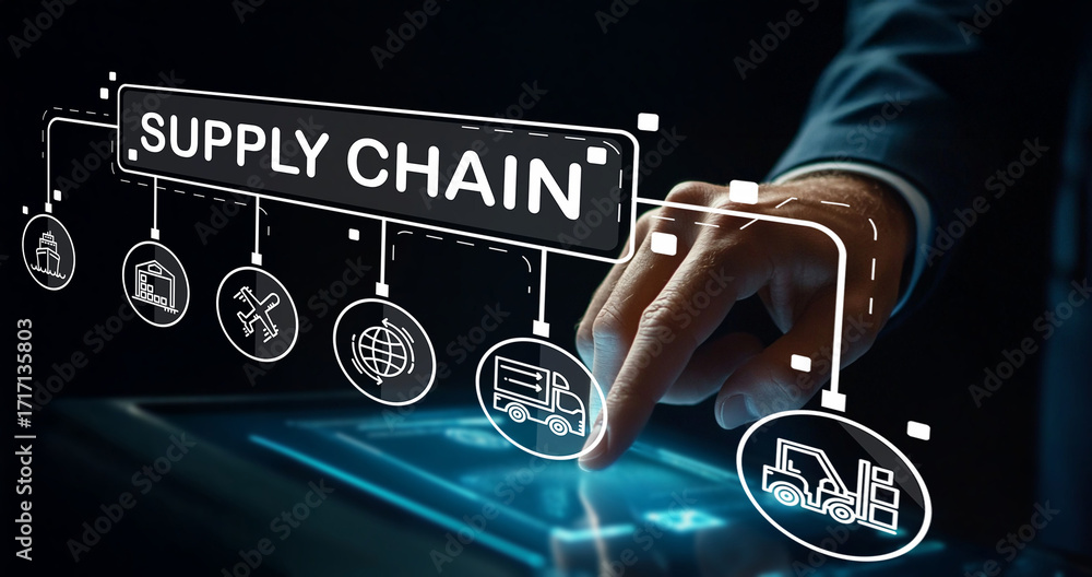 Poster modern supply chain management concept with digital interface and hand interaction, representing log