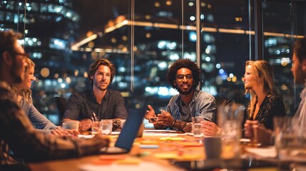 Group meeting at night with city lights visible