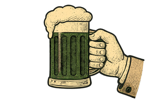 St. Patrick's day hand holding green beer mug. Retro halftone paper texture. Vintage collage vector illustration for Patricks party. Cartoon drawing for Irish celebration. - Powered by Adobe