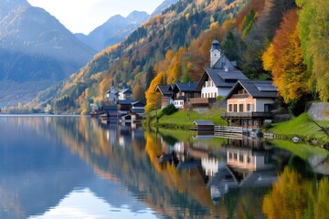Fototapeta premium Grundlsee reflecting traditional austrian houses during autumn season