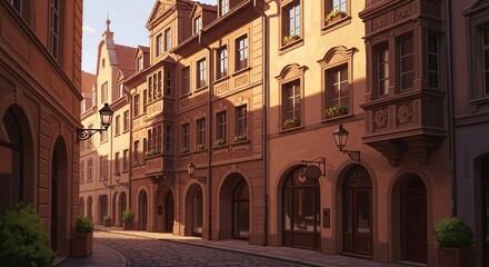 Obraz premium Charming european street lined with historic buildings featuring traditional architecture, arched doorways, and warm sunlight casting long shadows