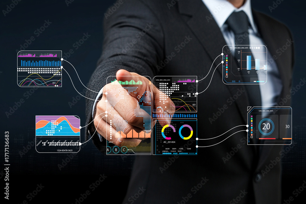Poster businessman interacting with futuristic data visualizations in a modern office setting showcasing ad