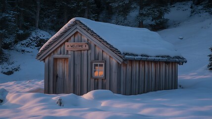 Enchanting Winter Cabin Retreat Nestled in Snow Covered Landscape Surrounded by Dense Forest at Dusk Offering a Warm Welcome