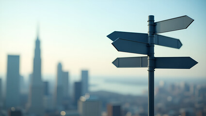 Visual Comparison of Career Options: Directional Signpost Against Blurred City Skyline - Explore Professional Paths and Opportunities in Stock Photo Concept with Space for Text