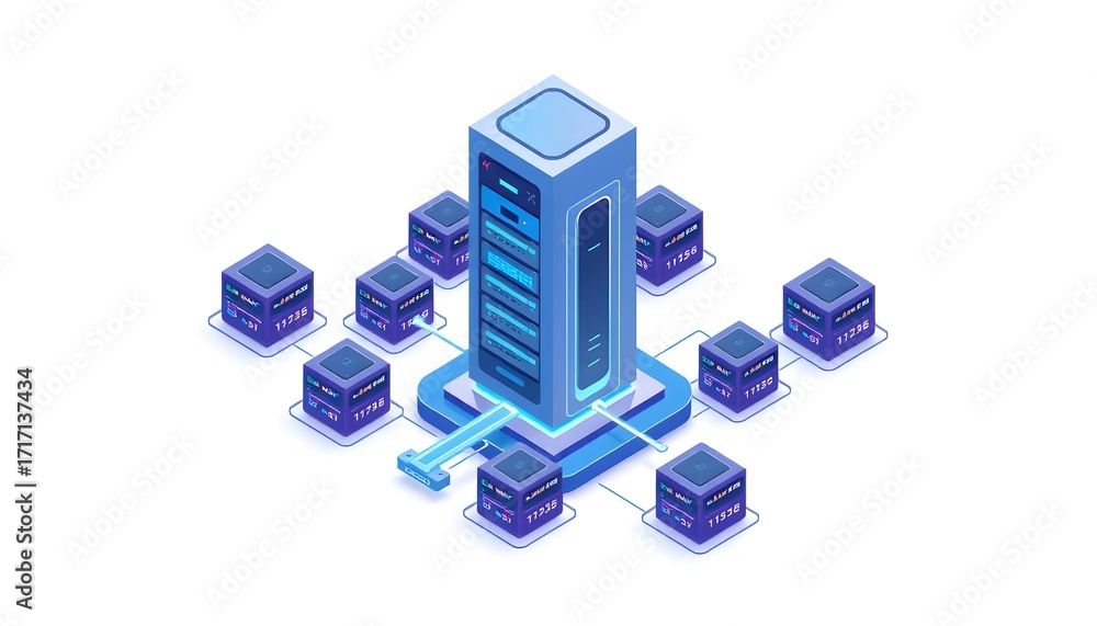 Poster isometric illustration of a modern data center with interconnected servers.