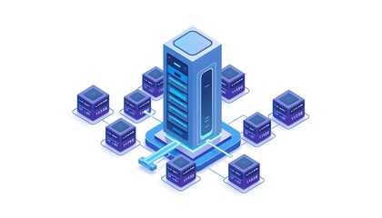 Isometric illustration of a modern data center with interconnected servers.