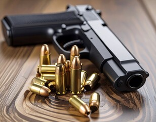 Obraz premium Black handgun with ammunition on wooden table