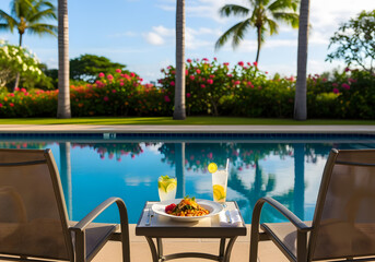 Couple of chairs are sitting by a pool with a table in between them. The chairs are empty and the table has a plate of food and drinks on it. Scene is relaxed and leisurely
