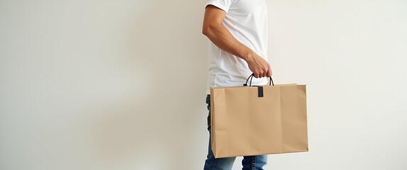 Photo realistic as Person with Delivery Bag and Timely Courier Service concept as A person holding a delivery bag symbolizing timely courier service set against a clean background offering space for t