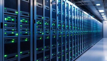 A row of computer servers in a data center with green lights.