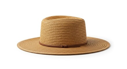 A flat-brimmed straw hat with a cylindrical crown and a dark band around it.