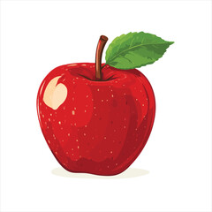 Red apple with a bite taken out of it.  A fresh, whole apple, vibrant red, with a stem and leaf