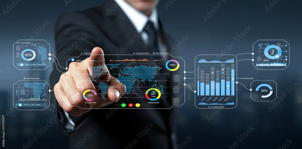Poster business professional interacting with futuristic data visualization interface in corporate environm