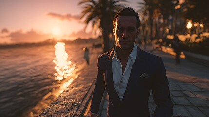 Man in suit walking by the water during sunset time