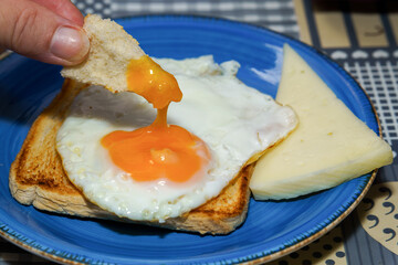 Close-up of dipping toast into a fried egg yolk, served with cheese on a blue plate, enjoying a delicious breakfast