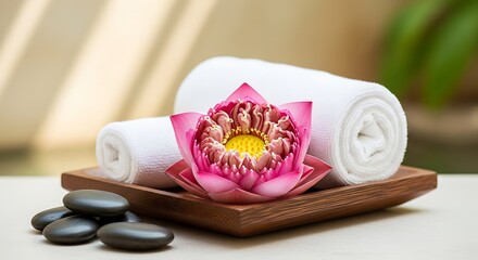 Rolled white towels, a delicate pink lotus flower, and dark spa stones rest on a wooden tray, creating a serene spa or wellness setting.