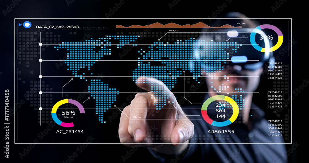 Poster high-tech data analysis with virtual reality interface showcasing world map, statistics, and graphs 