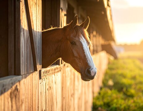 Peaceful Horse in Stable at Sunrise. - Powered by Adobe