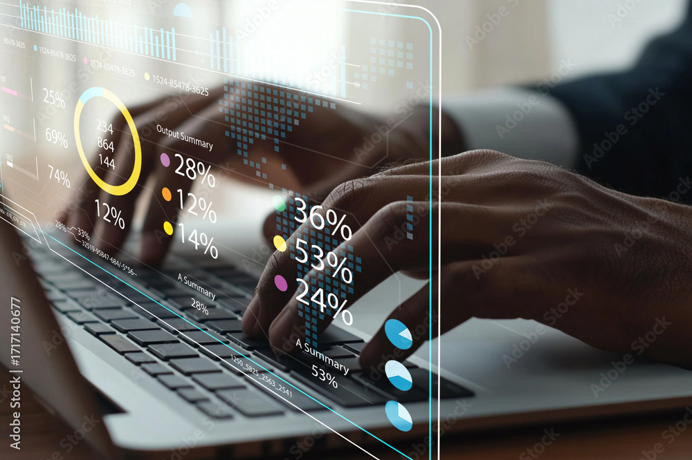 Poster business professional analyzing data trends and statistics on a laptop screen with visual graphs and
