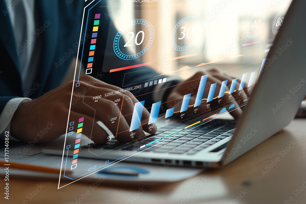 Poster business professional analyzing data with laptop and interactive graphs in modern office environment