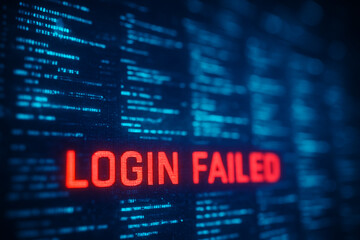 A computer screen displays a red 'LOGIN FAILED' error message over a background of blue code, symbolizing a cybersecurity breach or system access denial.