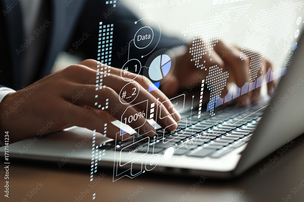 Poster professional hands typing on laptop with data visualization overlays in modern office setting indica