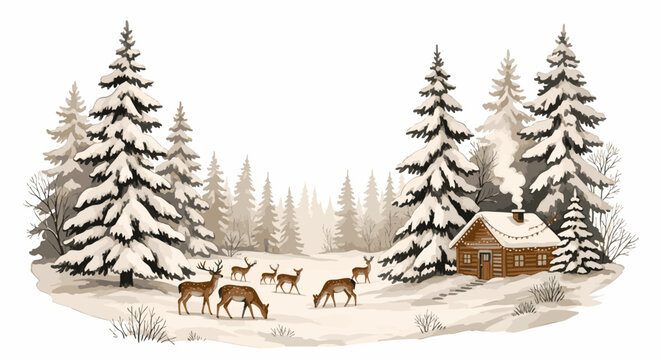 Winter Wonderland Deer Grazing Near a Cozy Cabin in a Snowy Forest