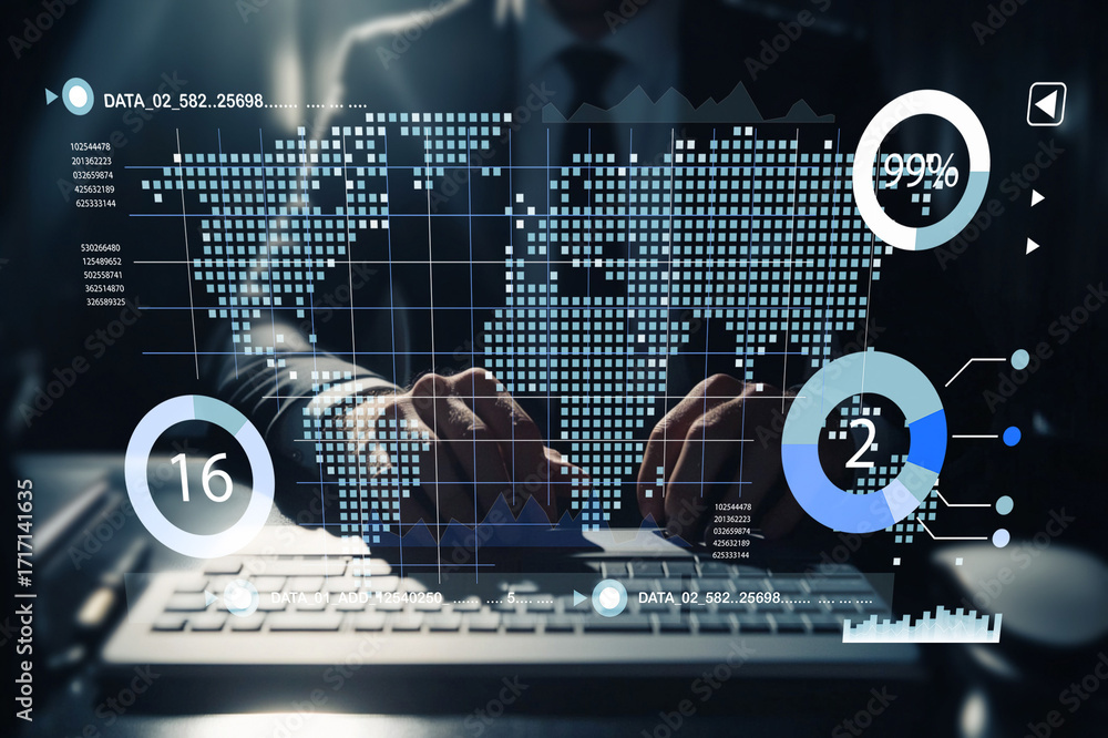Poster businessman analyzing data on digital interface with graphs and statistics in modern office environm